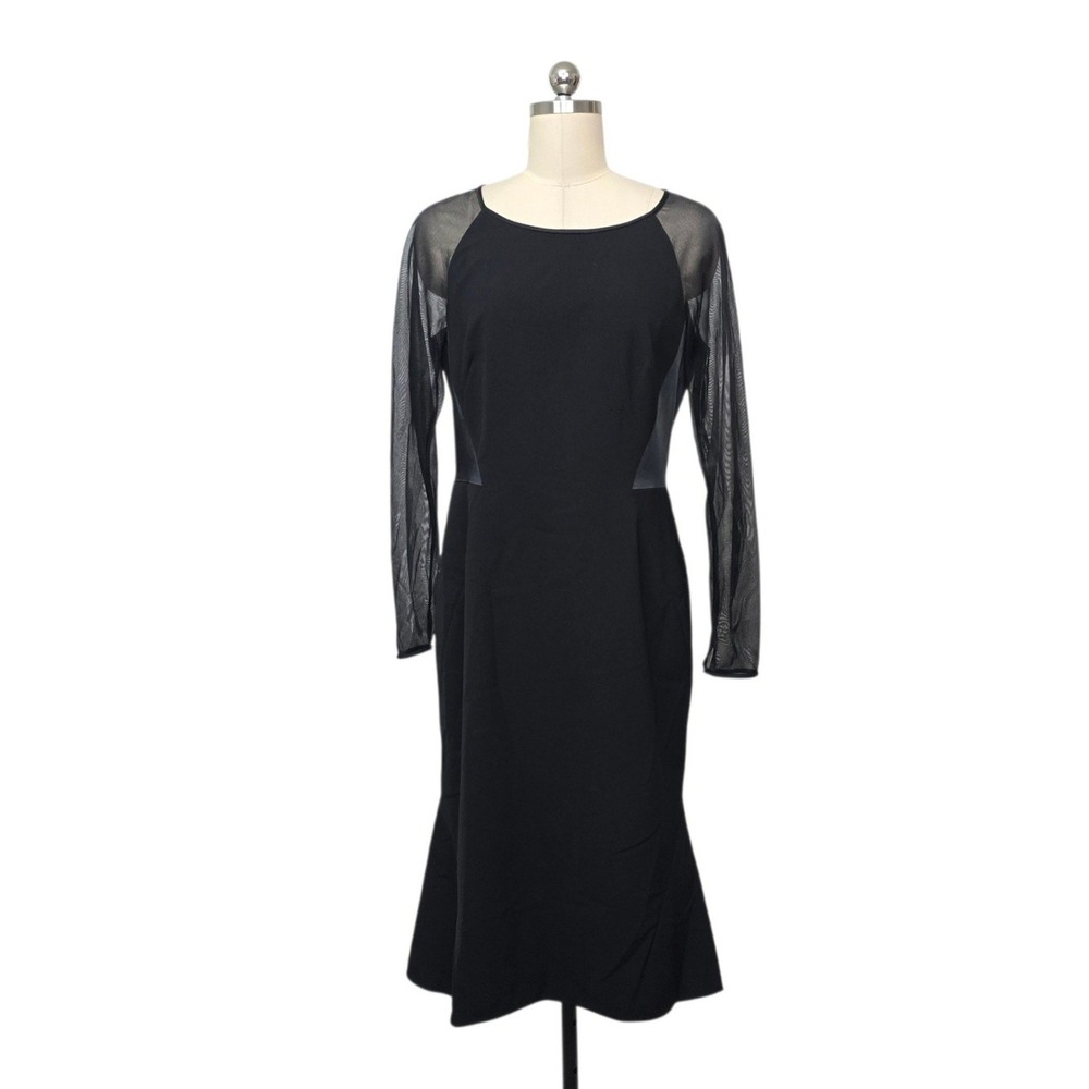 Lafayette 148 New York Black Sheer Mesh Sleeve Flounce Hem Midi Dress Size 8